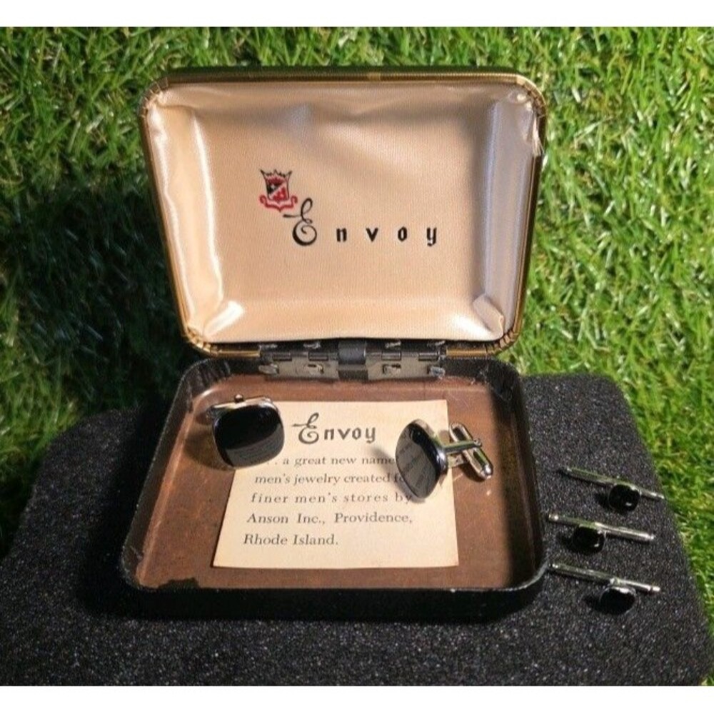 3 Pc Vintage Envoy Cuff Links & Tie Pin With Original Case